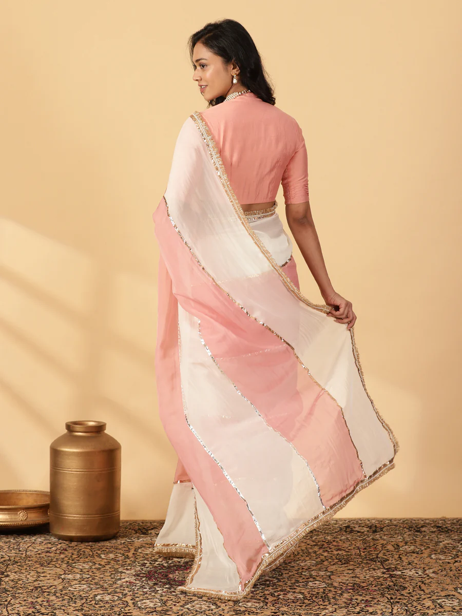 Cloudy Pink & Frost White Viscose Organza Multi Panelled Saree With Designer Lace - Image 2