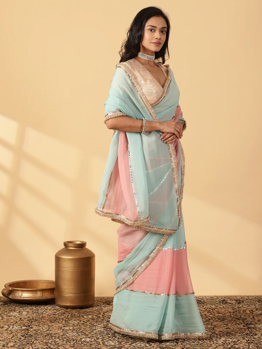 Cloudy Pink & Powder Blue Viscose Organza Multi Panelled Saree With Designer Lace - Image 7