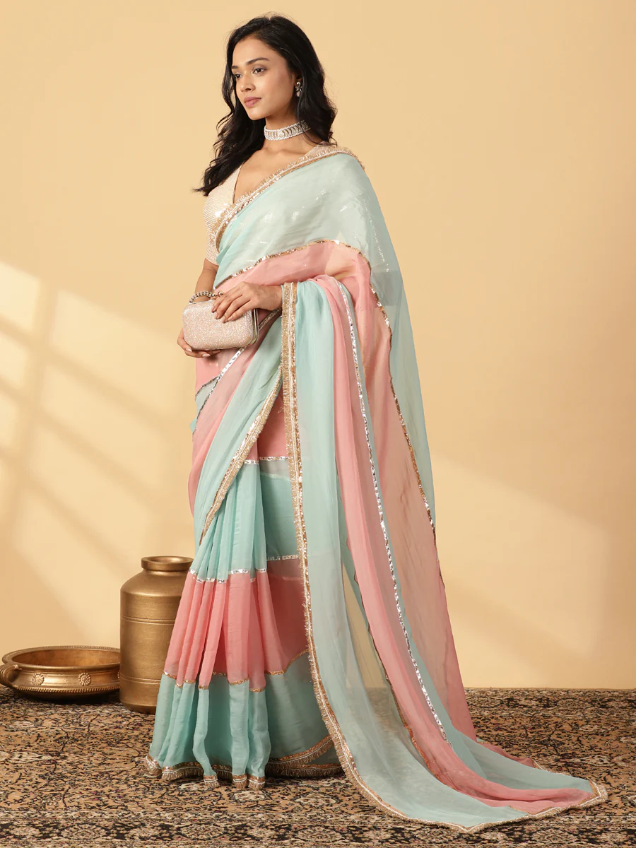 Cloudy Pink & Powder Blue Viscose Organza Multi Panelled Saree With Designer Lace - Image 8