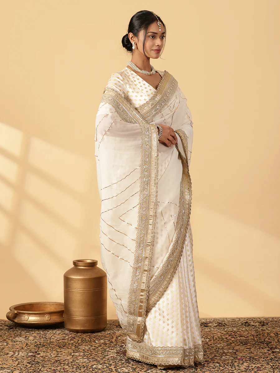 Cream Viscose Butta Saree With Organza Pallu & Hand Gota Work - Image 7
