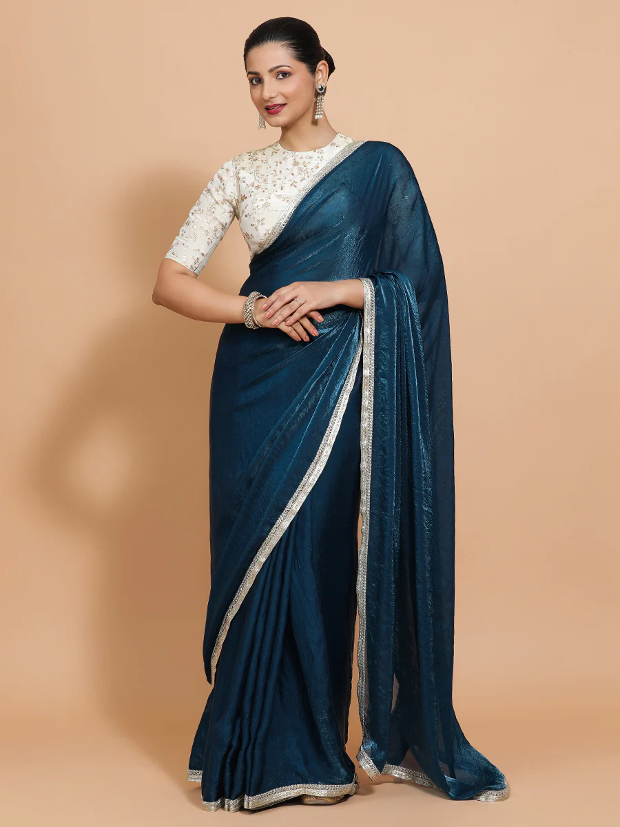 Celina x Tyohaar | Crystal Blue Tissue Saree with Ready-to-Wear Option - Image 10