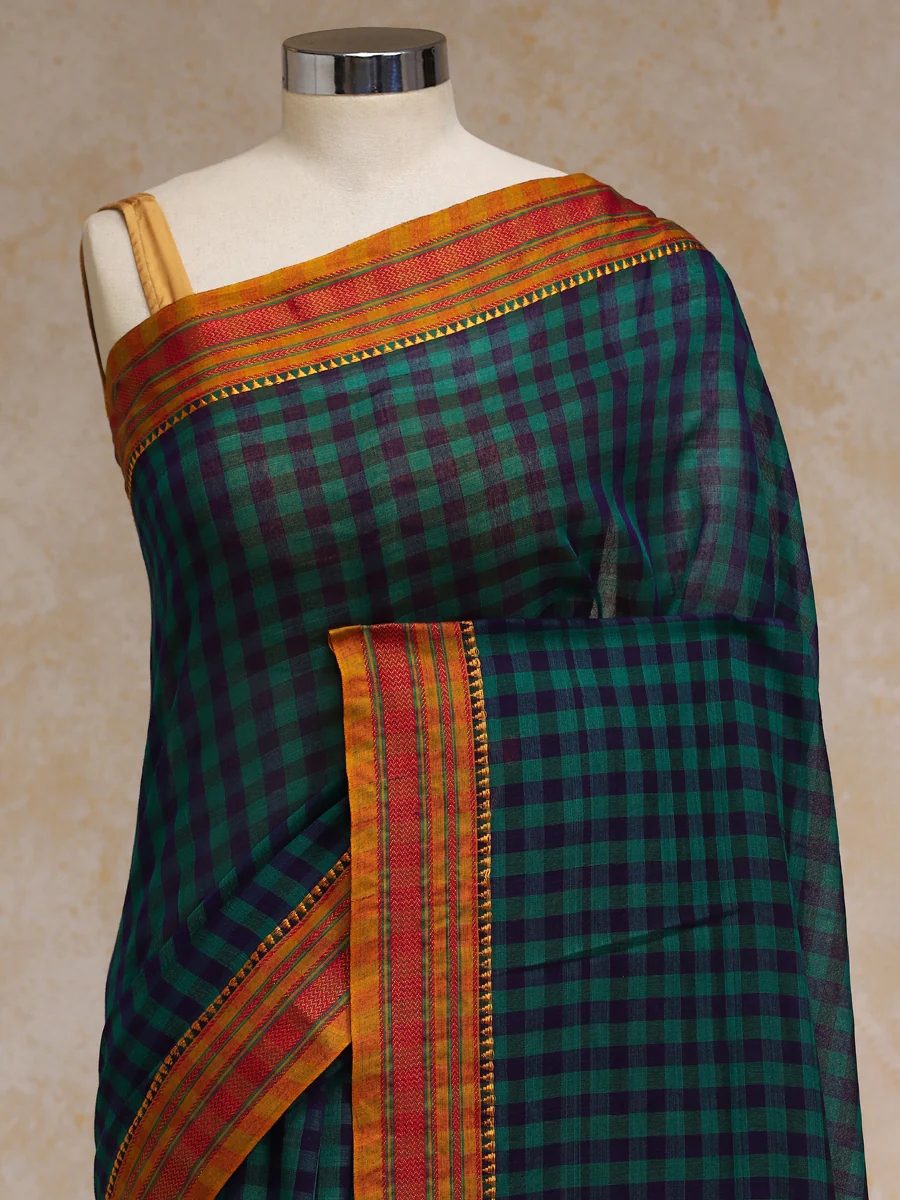 Dark Green Check Cotton Silk Kanchi Chettinad Saree With Zari Border - Image 3