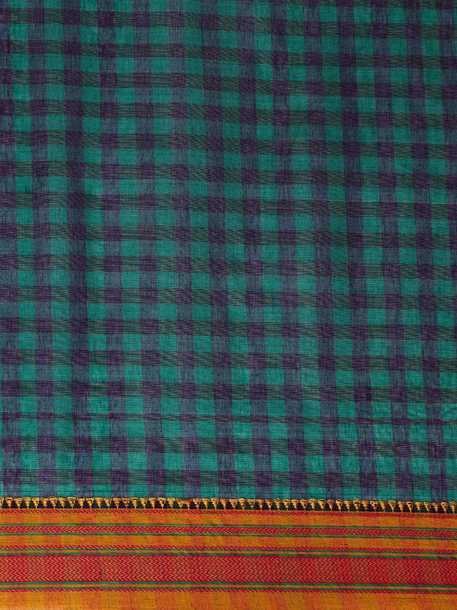 Dark Green Check Cotton Silk Kanchi Chettinad Saree With Zari Border - Image 5