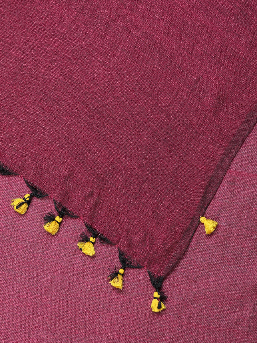 Deep Maroon Cotton Saree With Tassels - Image 2
