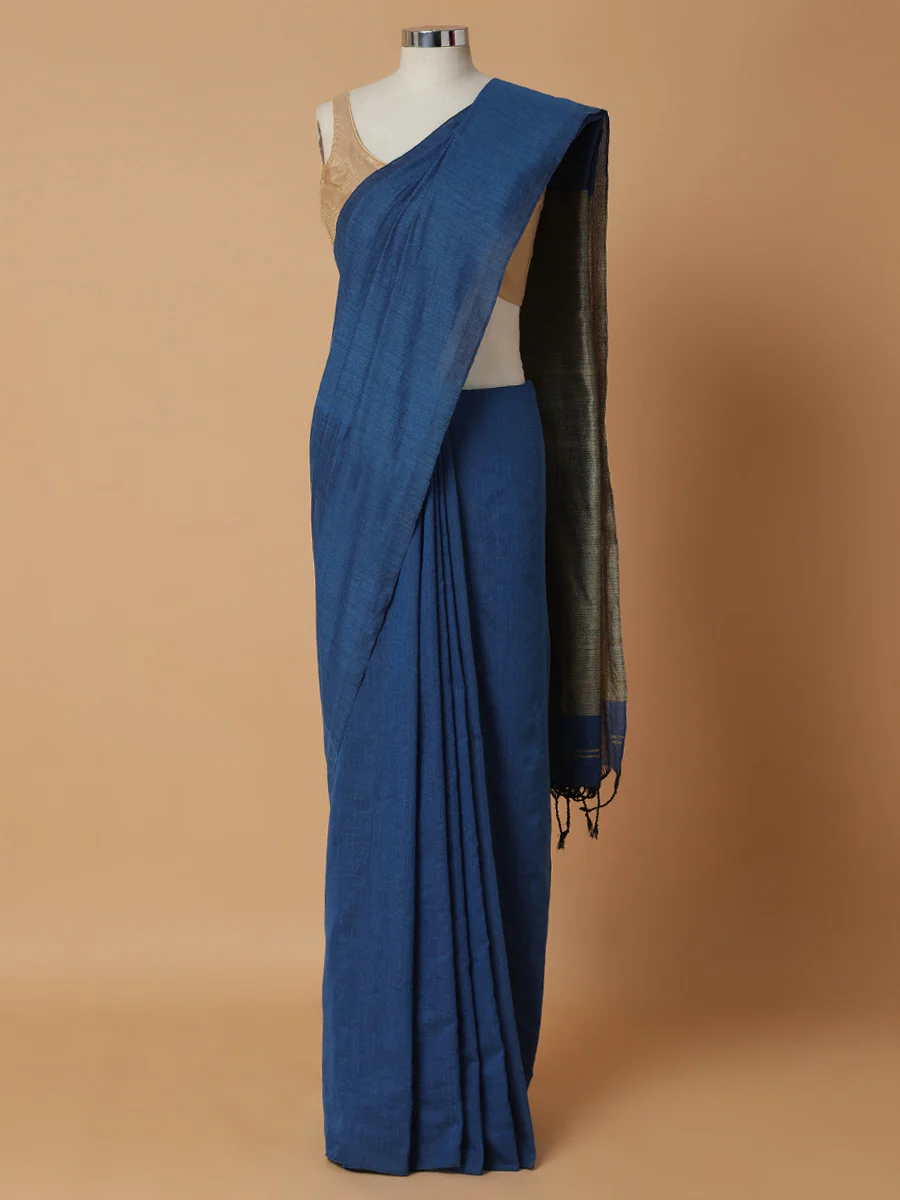 Deep Royal Blue Cotton Saree With Woven Zari Pallu - Image 5