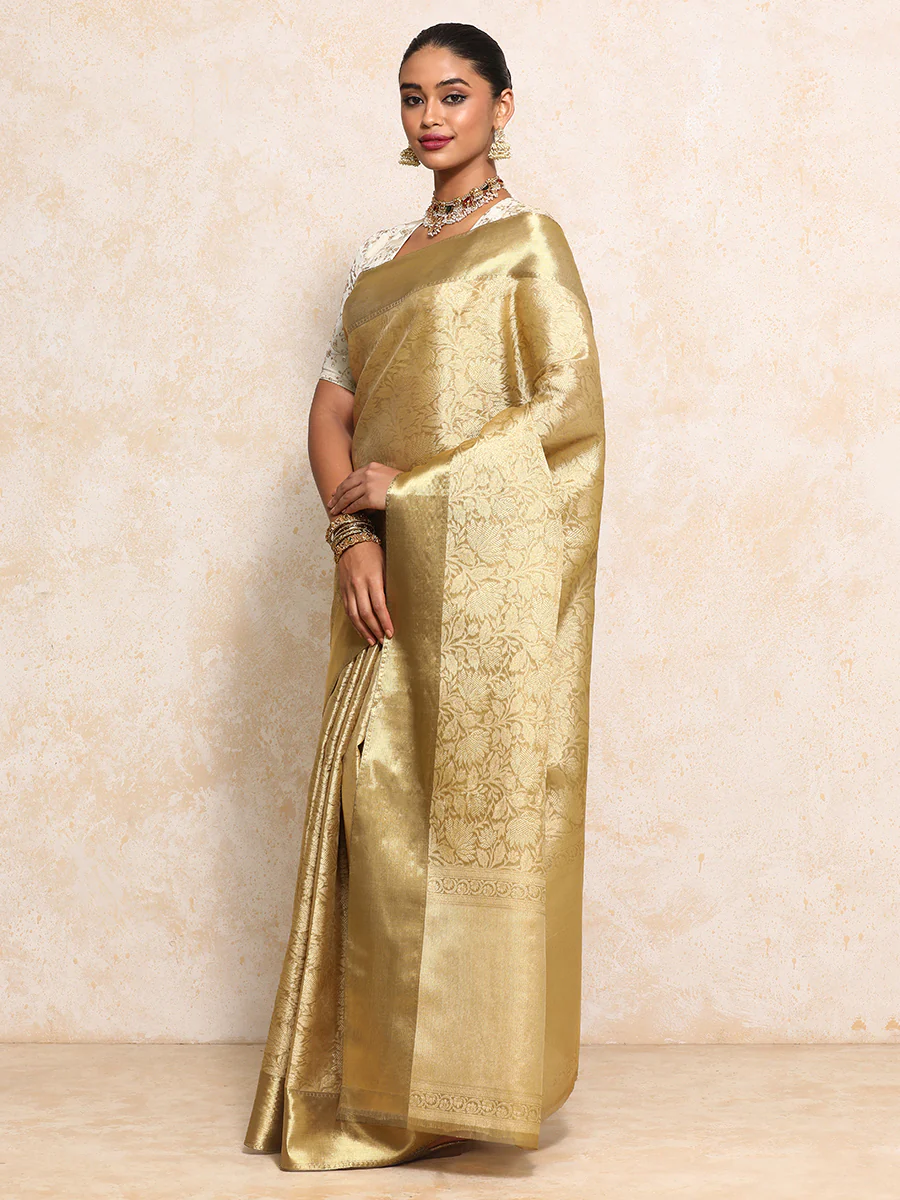 Golden Tissue Saree With Floral Jaal and Sleek Zari Border - Image 8