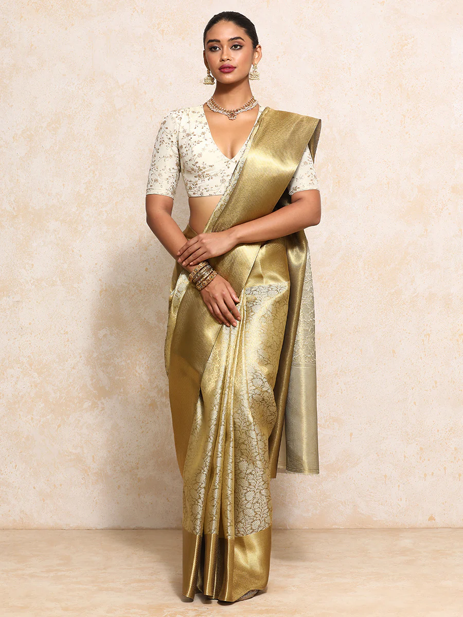 Golden Tissue Saree With Ornate Floral Jaal Weave - Image 16