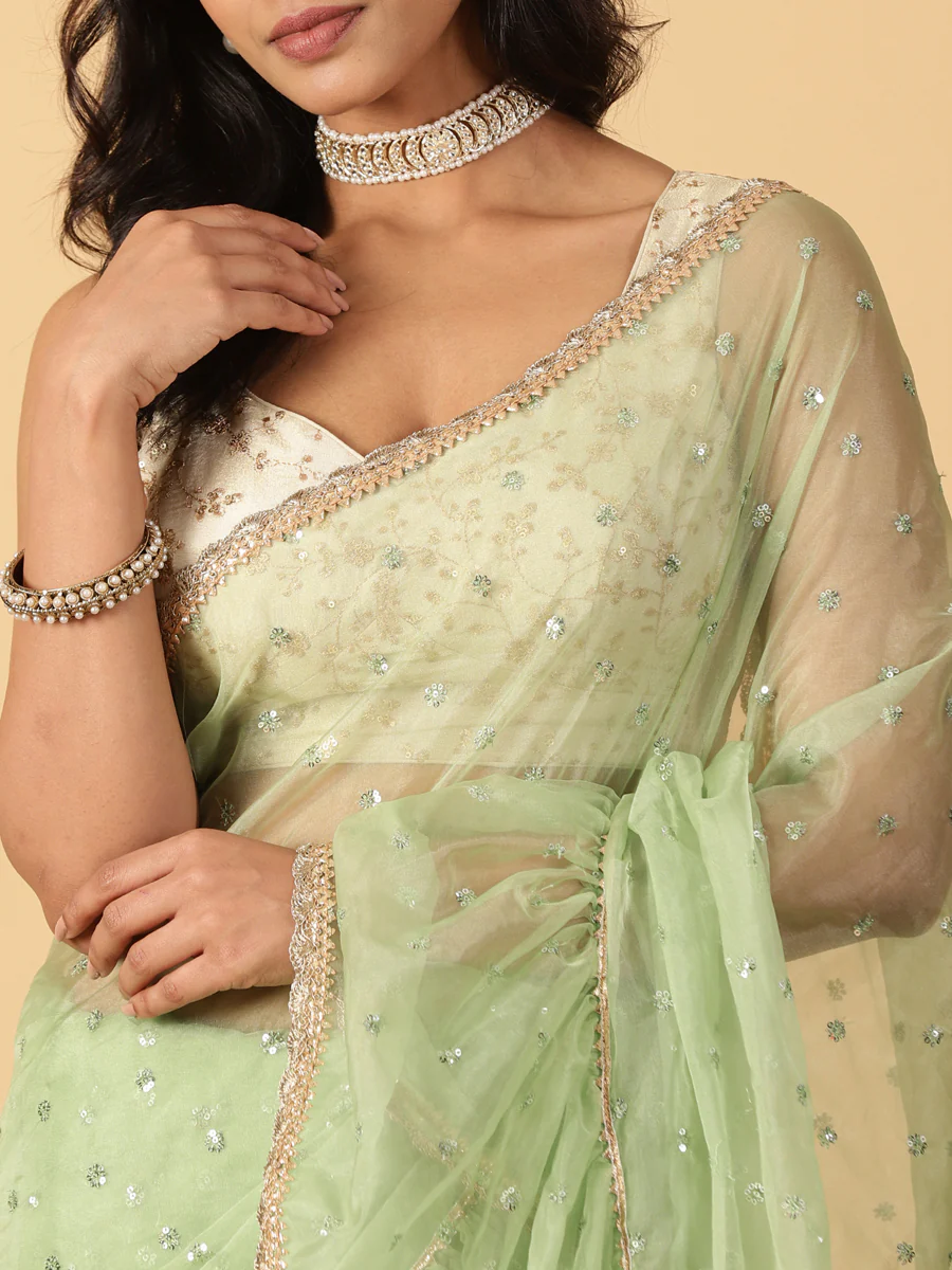 Green Organza Sequin Butta Ruffle Saree With Designer Lace - Image 6