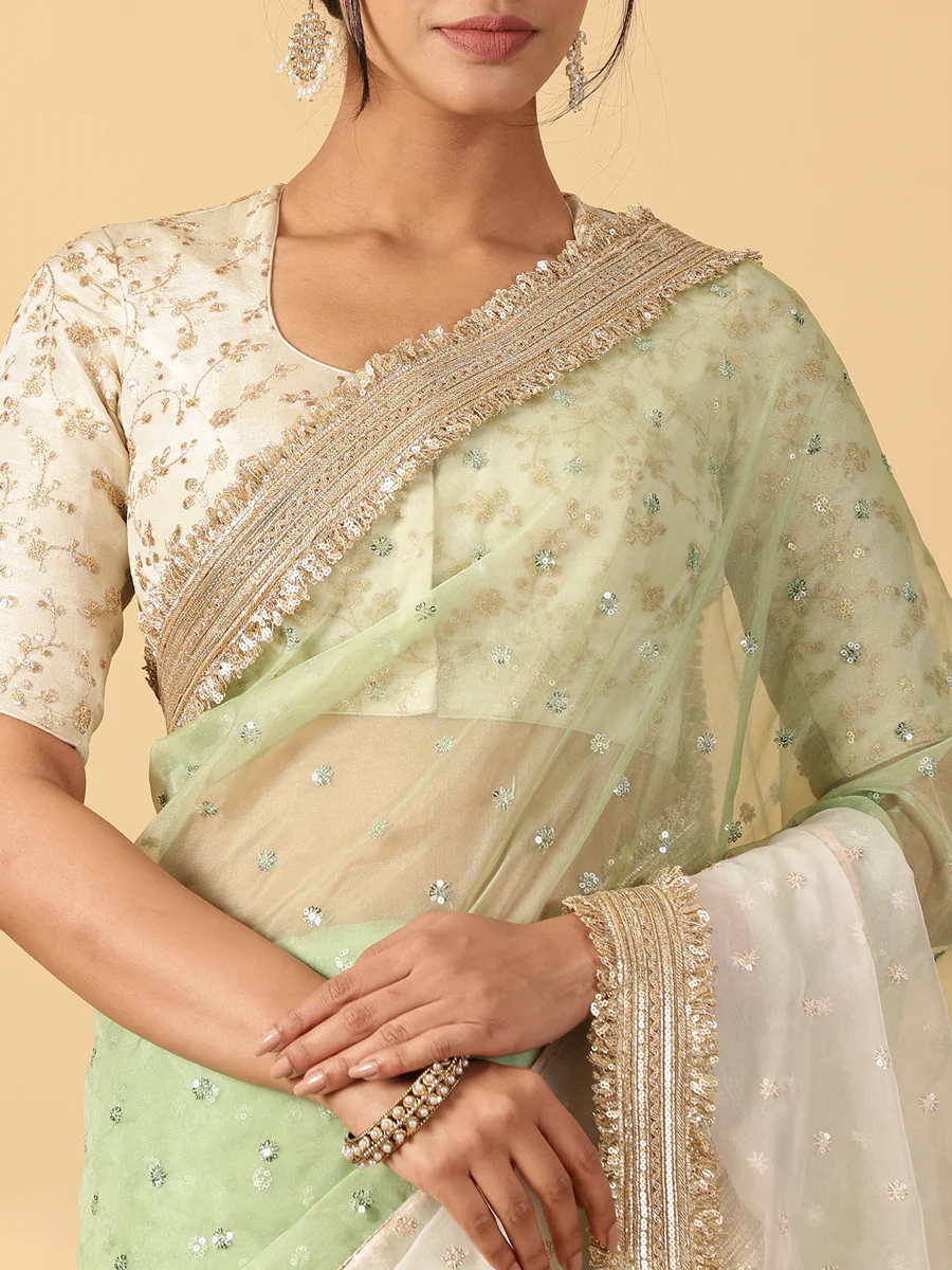 Green & Oyster White Organza Sequin Butta Saree With Designer Embroidered Lace - Image 3