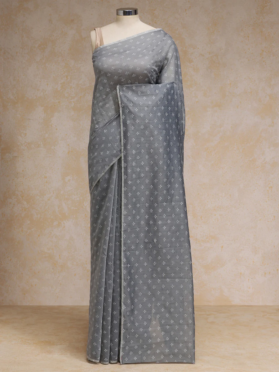 Grey Cotton Saree With White Butti Print