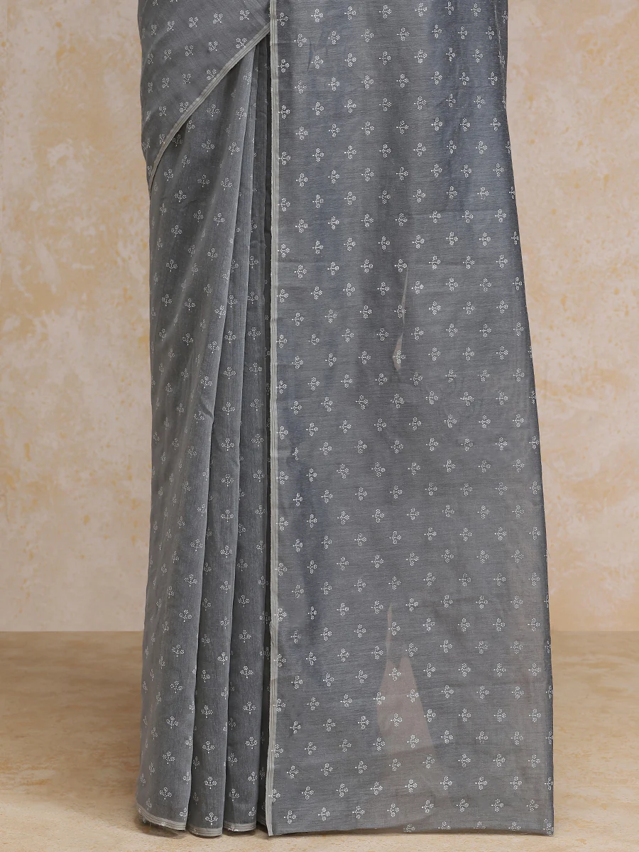 Grey Cotton Saree With White Butti Print - Image 4