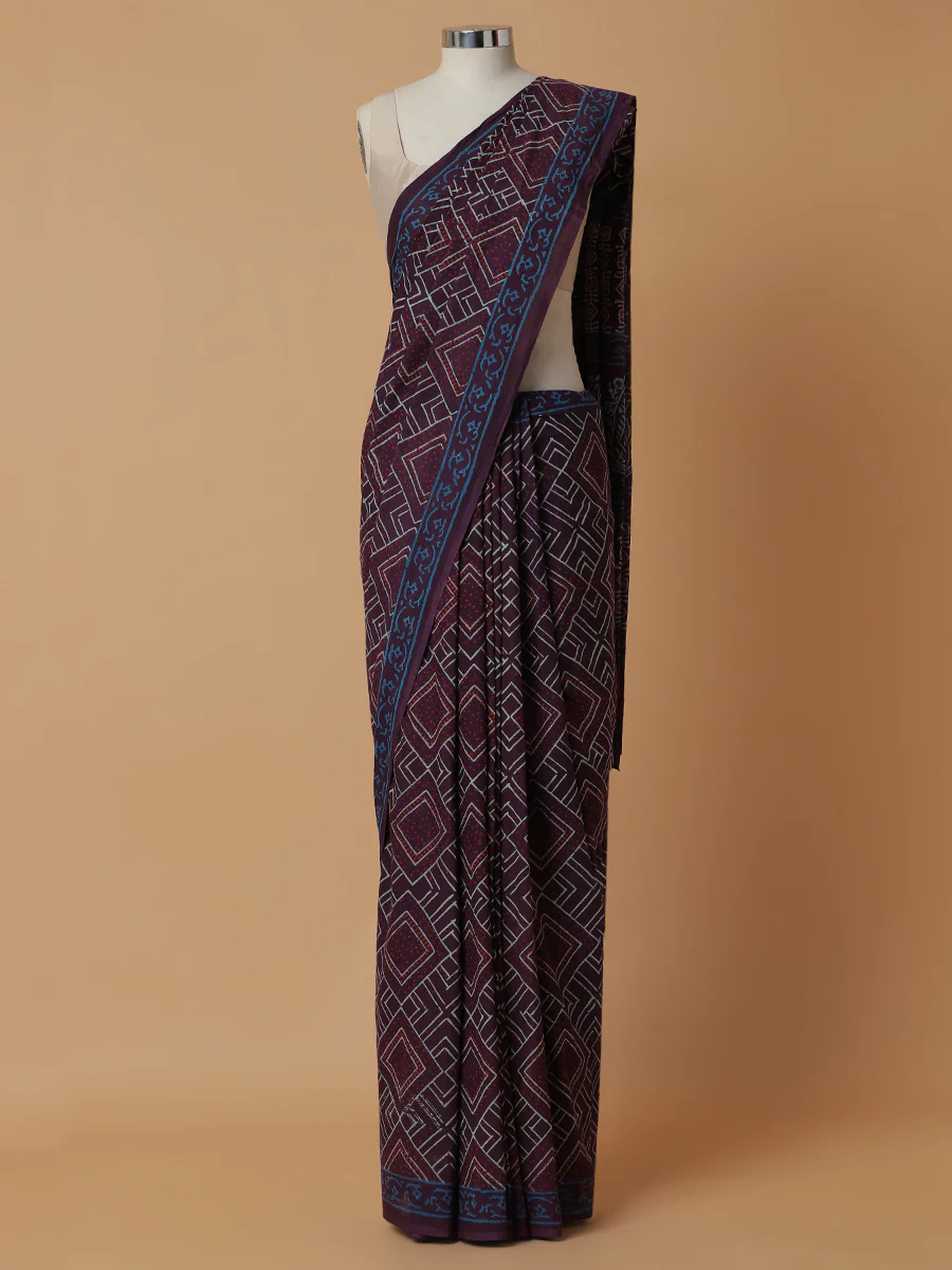Hand Block Geometric Printed Violet Cotton Mulmul saree - Image 5