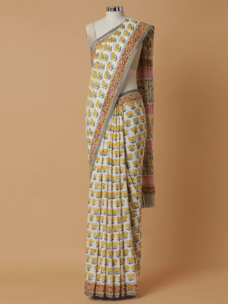 Hand Block Lotus Printed Cotton Mulmul saree - Image 5