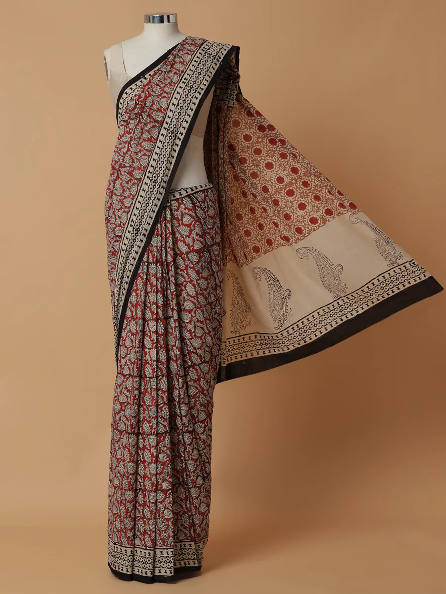 Hand Block Printed Brick Red Cotton Mulmul saree