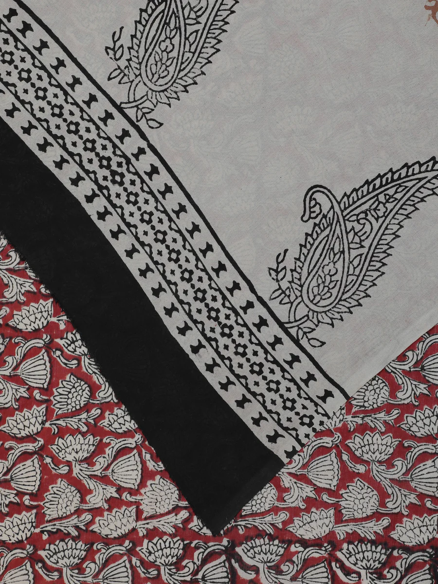 Hand Block Printed Brick Red Cotton Mulmul saree - Image 2