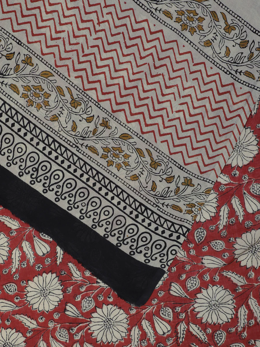 Hand Block Printed Cotton Tomato Red Mulmul saree - Image 2
