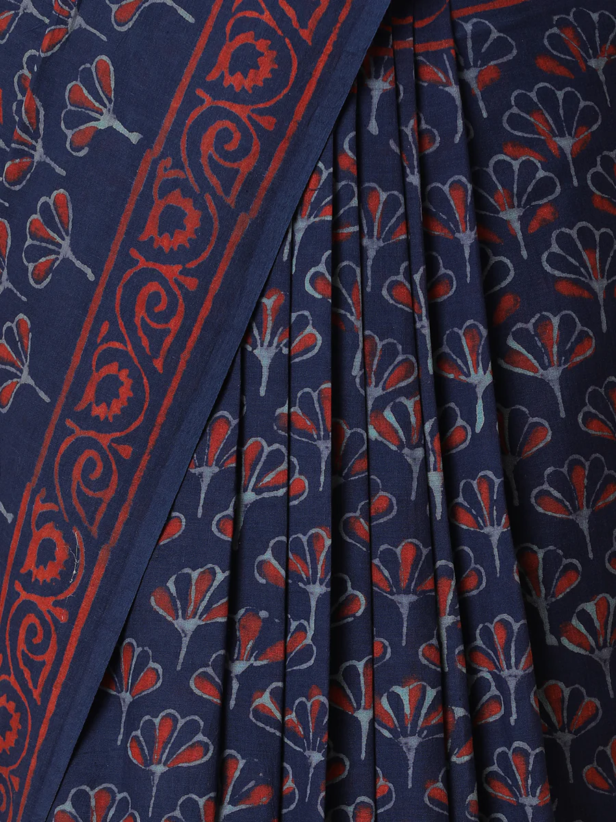 Hand Block Printed Dhabu Blue Cotton Mulmul saree - Image 3