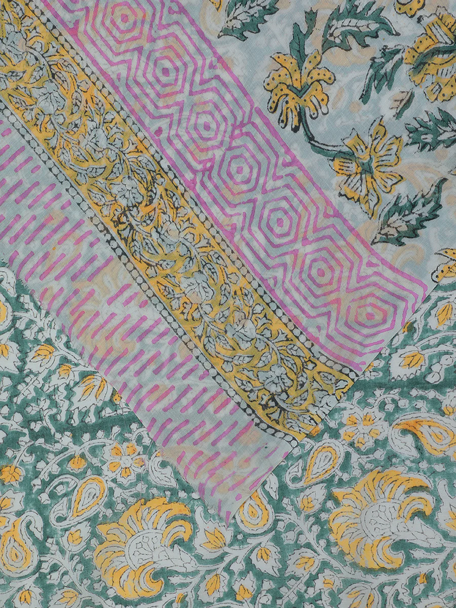 Hand Block Printed Green Cotton Mulmul saree - Image 2