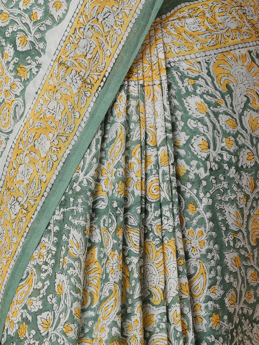 Hand Block Printed Green Cotton Mulmul saree - Image 3