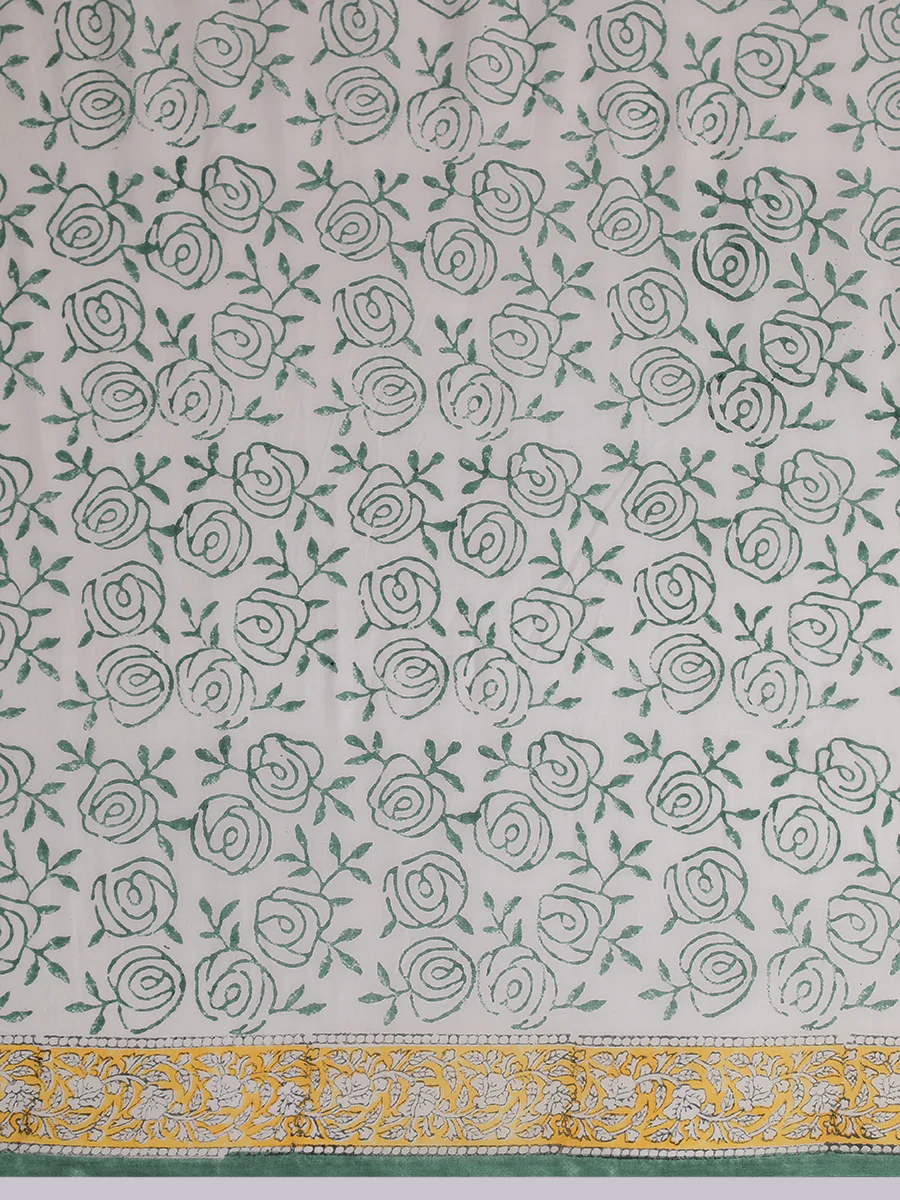 Hand Block Printed Green Cotton Mulmul saree - Image 4