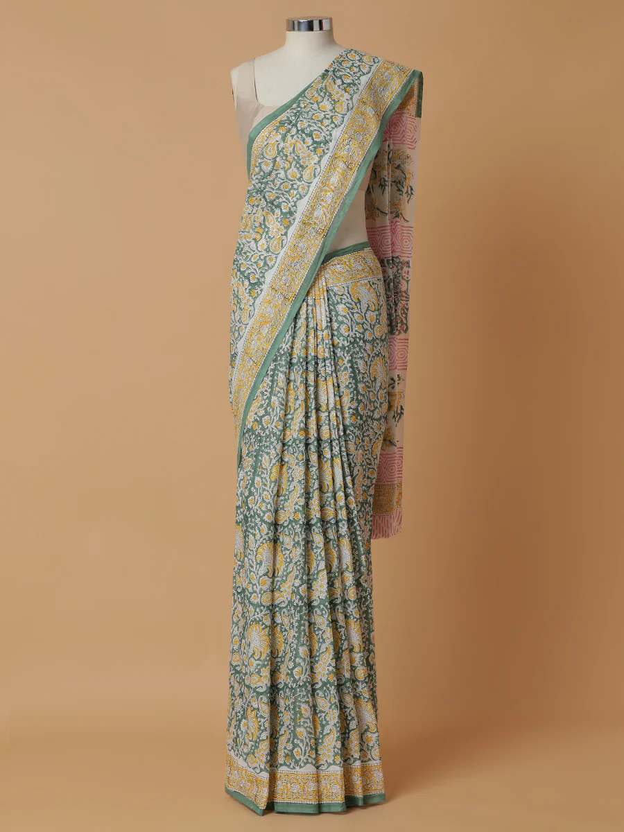 Hand Block Printed Green Cotton Mulmul saree - Image 5