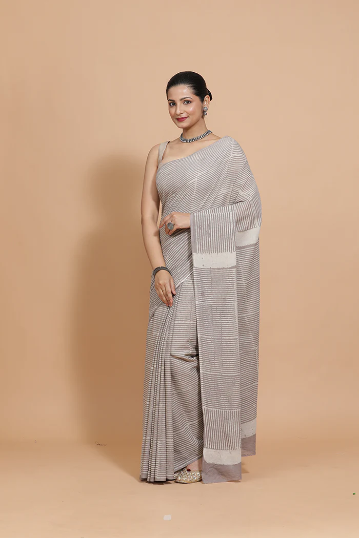 Hand Block Printed Grey Striped Cotton Mulmul saree - Image 10