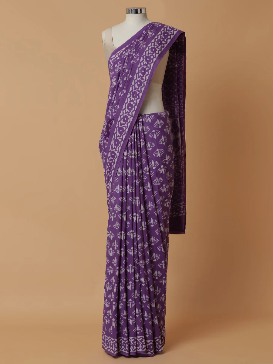 Hand Block Printed Lavender Cotton Mulmul saree - Image 5