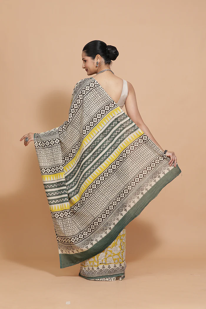 Hand Block Printed Mustard Cotton Mulmul saree - Image 13