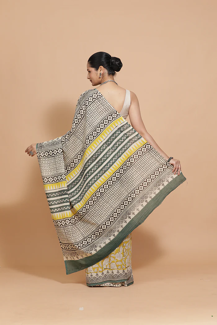 Hand Block Printed Mustard Cotton Mulmul saree - Image 2