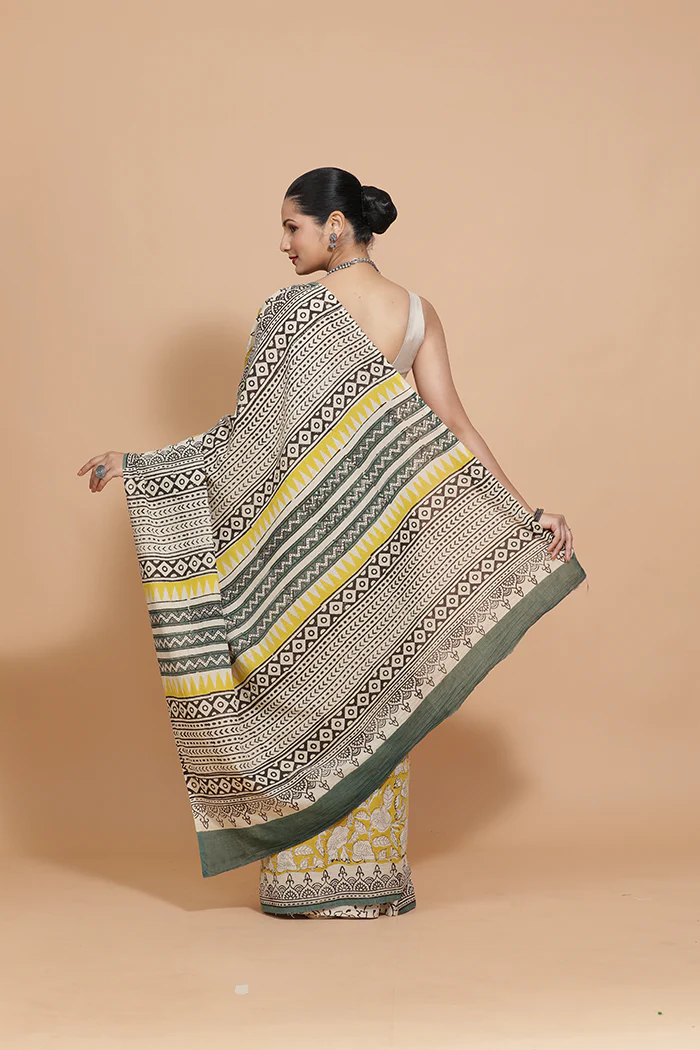 Hand Block Printed Mustard Cotton Mulmul saree - Image 6
