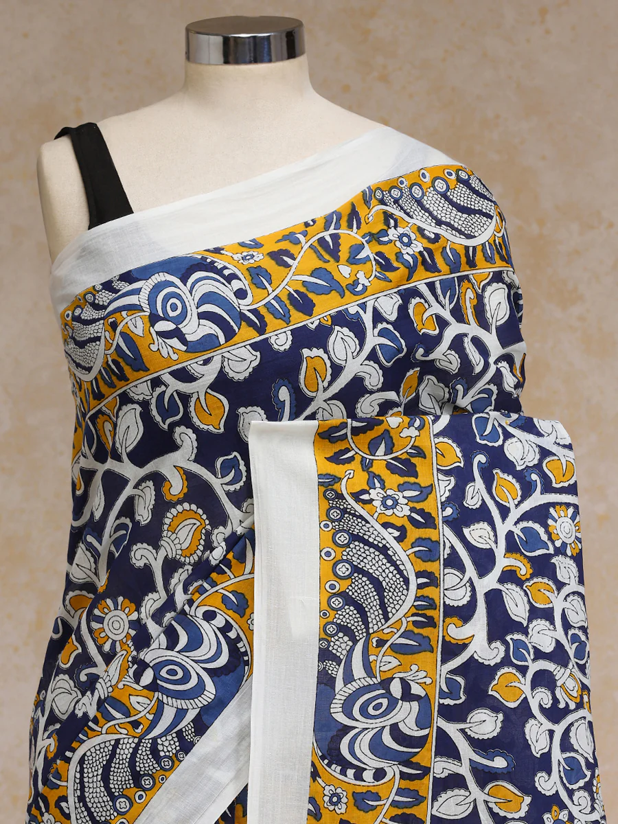 Indigo Bloom Block Print Cotton Saree - Image 3