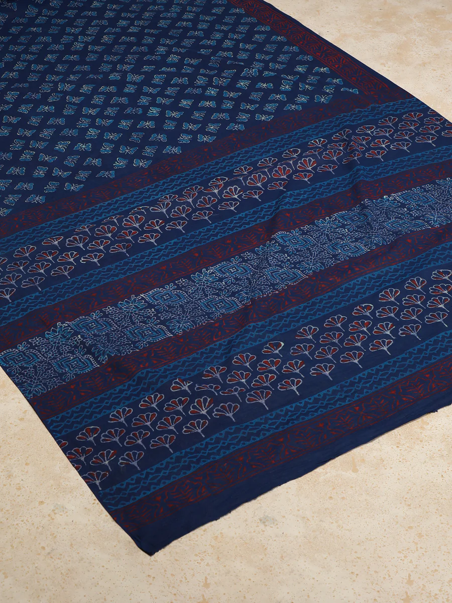 Indigo Blue Handblock Printed Butterfly Motif Ajrakh Mulmul Saree - Image 2