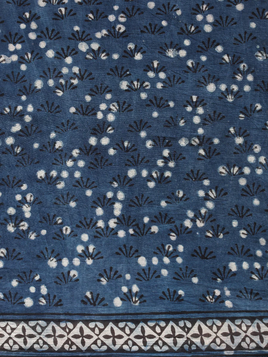 Indigo Blue Handblock Printed Geometric Patchwork Ajrakh Mulmul Saree - Image 5