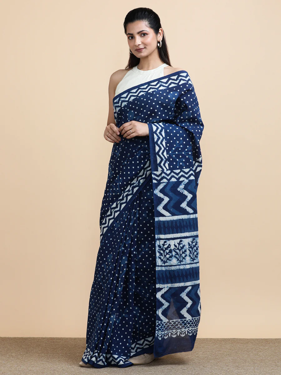 Indigo Blue Polka Dot Cotton Mulmul Saree - Image 11