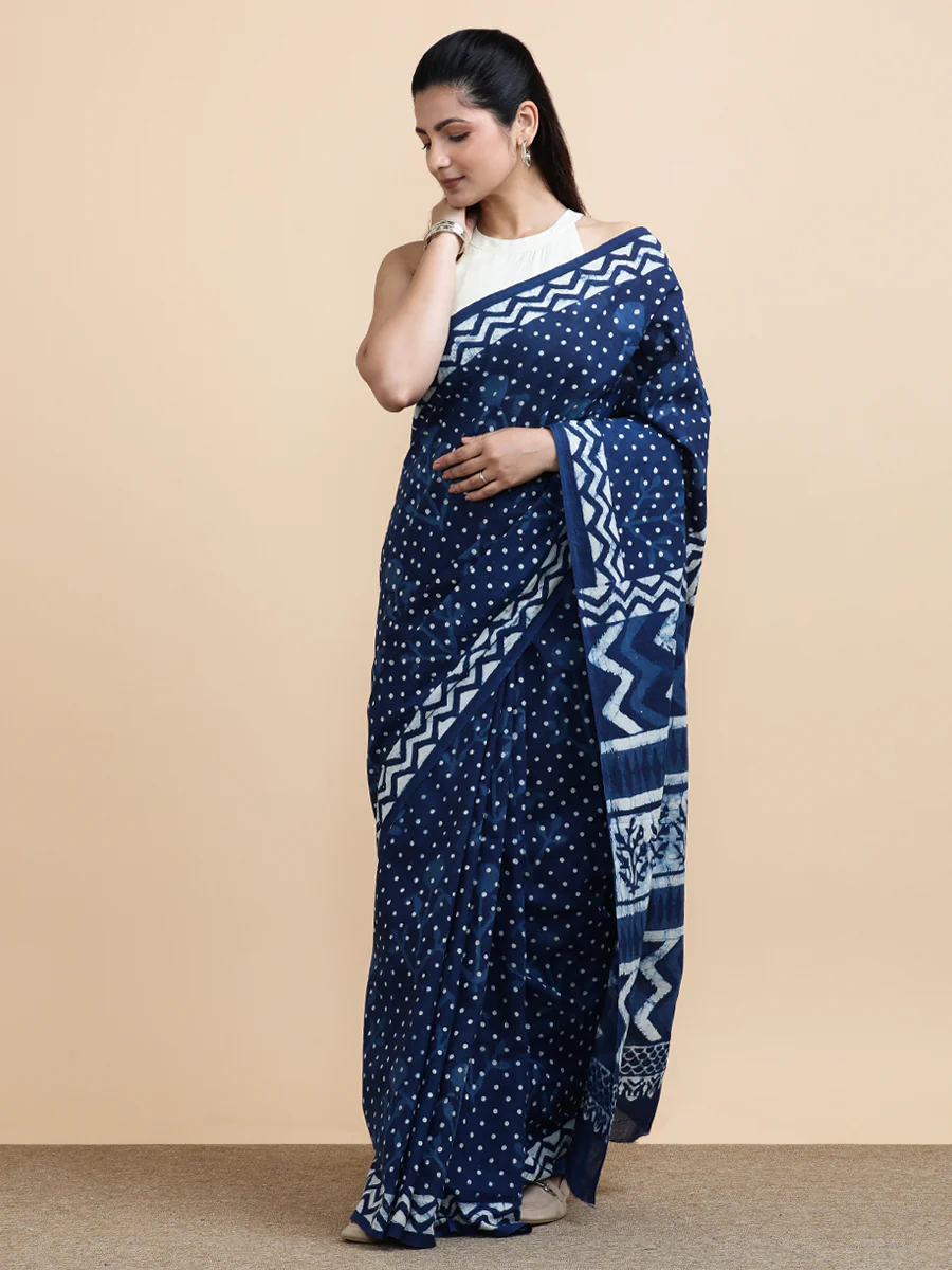 Indigo Blue Polka Dot Cotton Mulmul Saree - Image 4