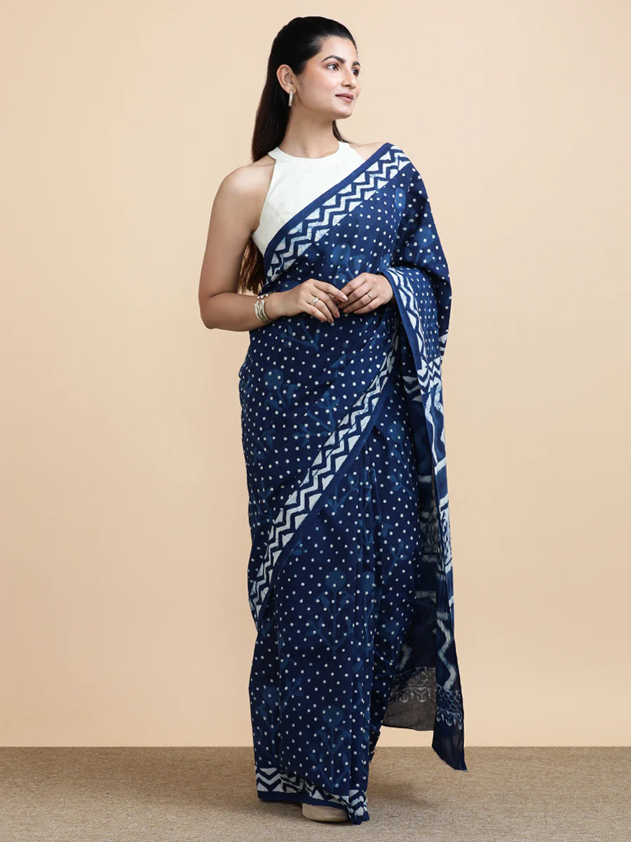 Indigo Blue Polka Dot Cotton Mulmul Saree - Image 9