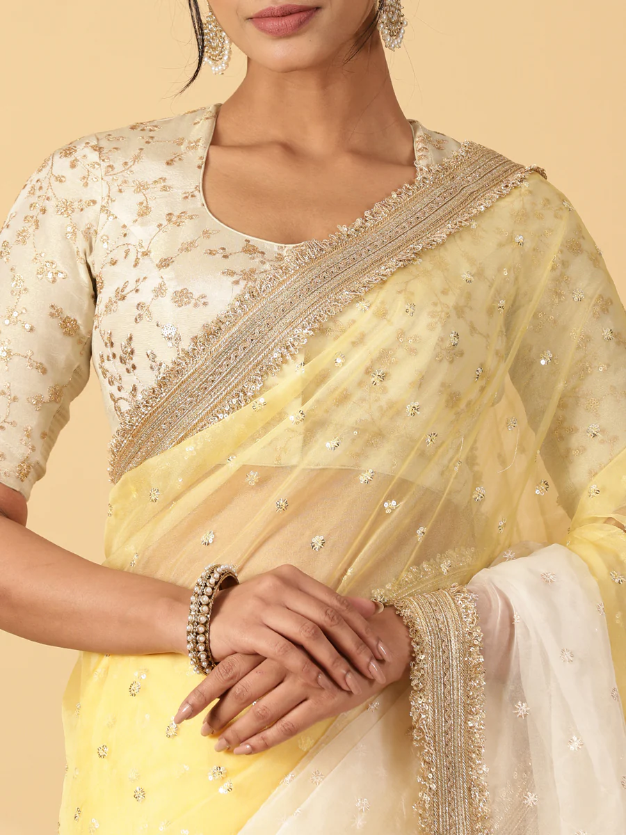 Light Yellow & Oyster White Organza Sequin Butta Saree With Designer Embroidered Lace - Image 3