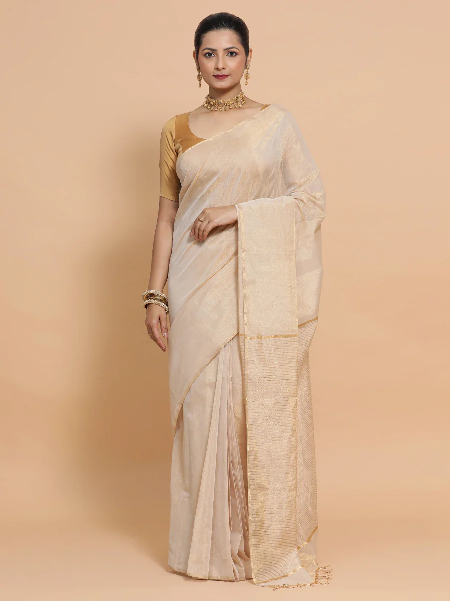Maheshwari Handloom Pure Silk Cotton Beige Tissue Saree - Image 10