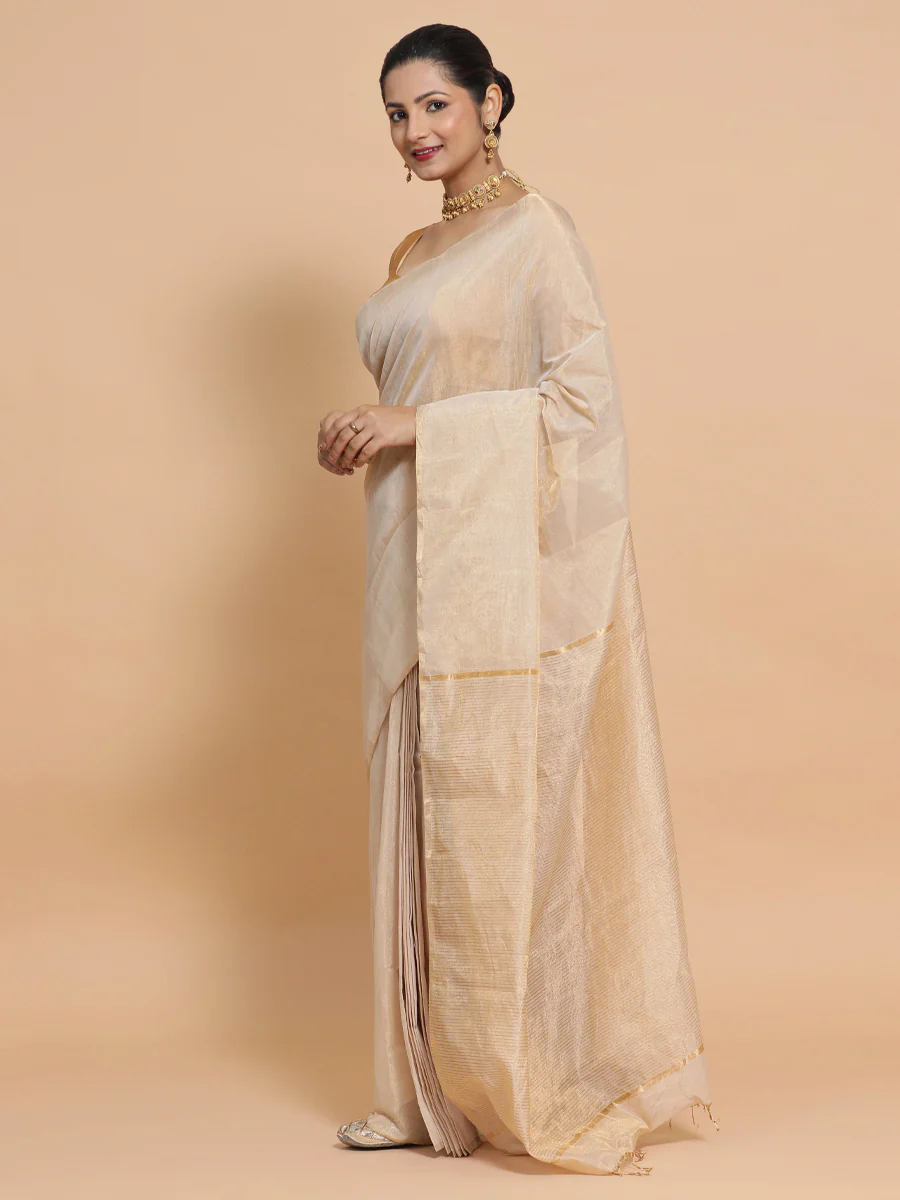 Maheshwari Handloom Pure Silk Cotton Beige Tissue Saree - Image 11