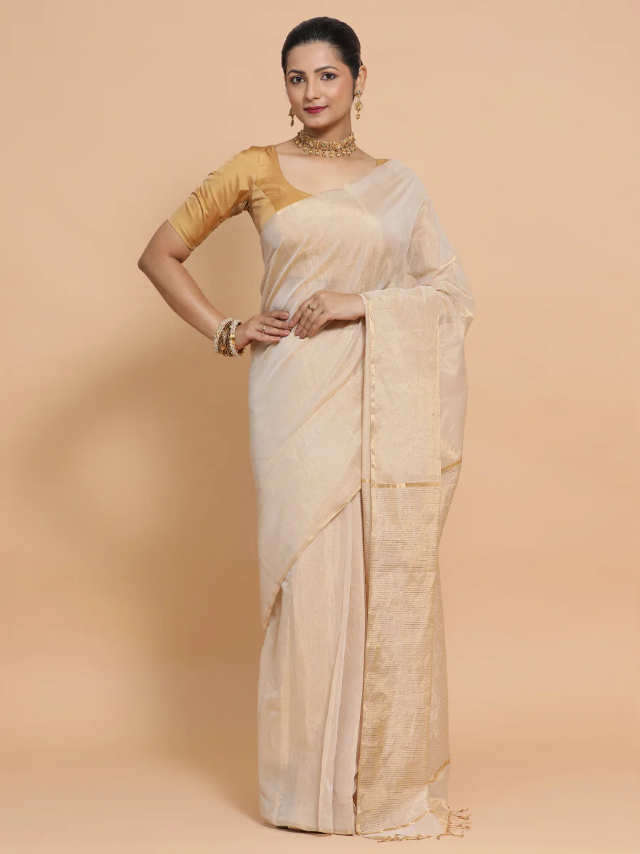 Maheshwari Handloom Pure Silk Cotton Beige Tissue Saree - Image 12