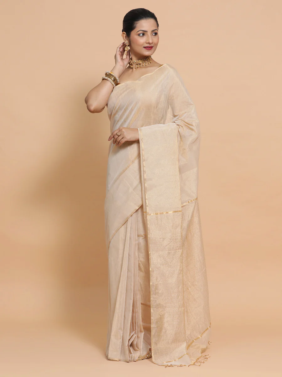 Maheshwari Handloom Pure Silk Cotton Beige Tissue Saree - Image 3