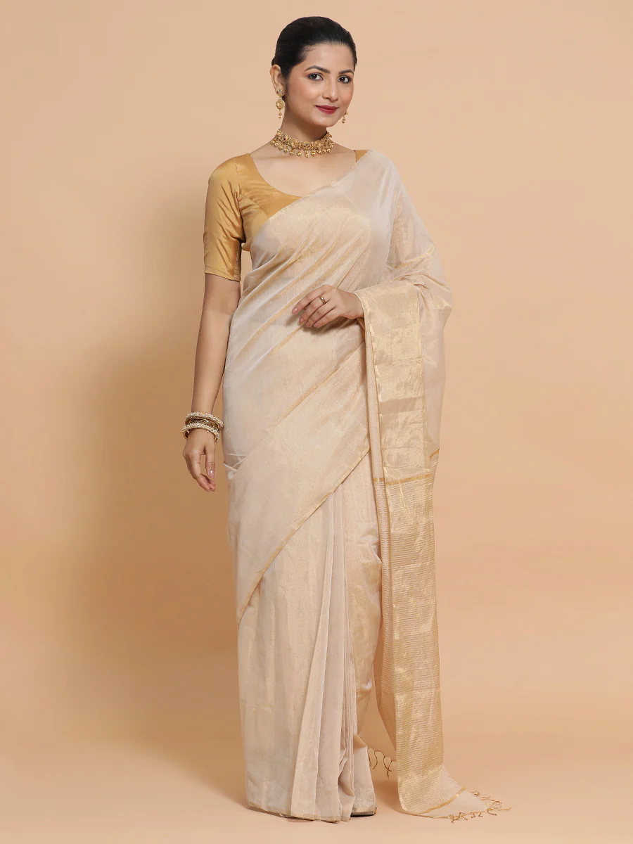 Maheshwari Handloom Pure Silk Cotton Beige Tissue Saree - Image 4
