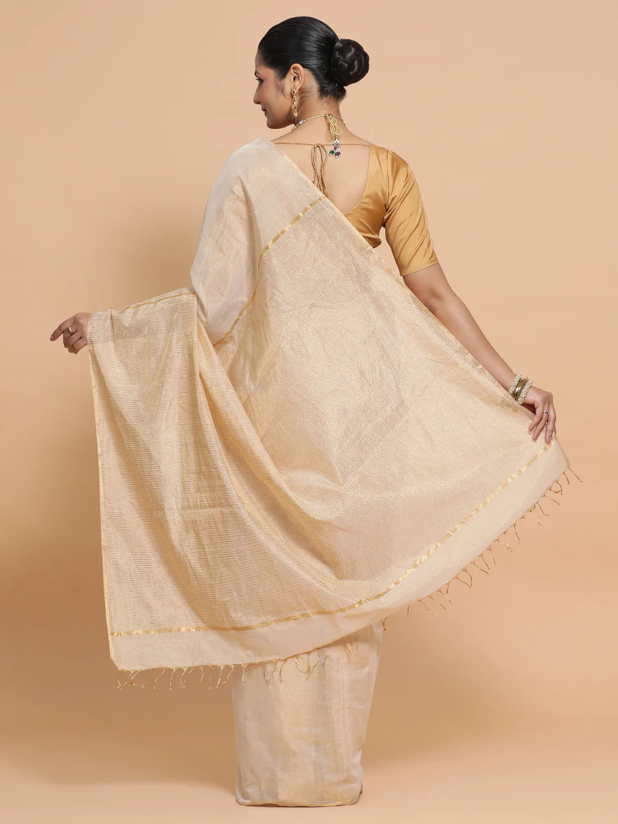 Maheshwari Handloom Pure Silk Cotton Beige Tissue Saree - Image 5