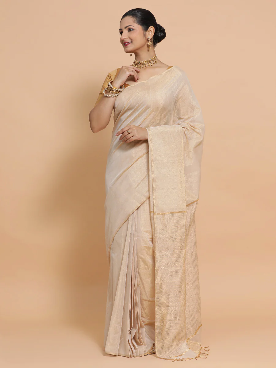 Maheshwari Handloom Pure Silk Cotton Beige Tissue Saree - Image 6