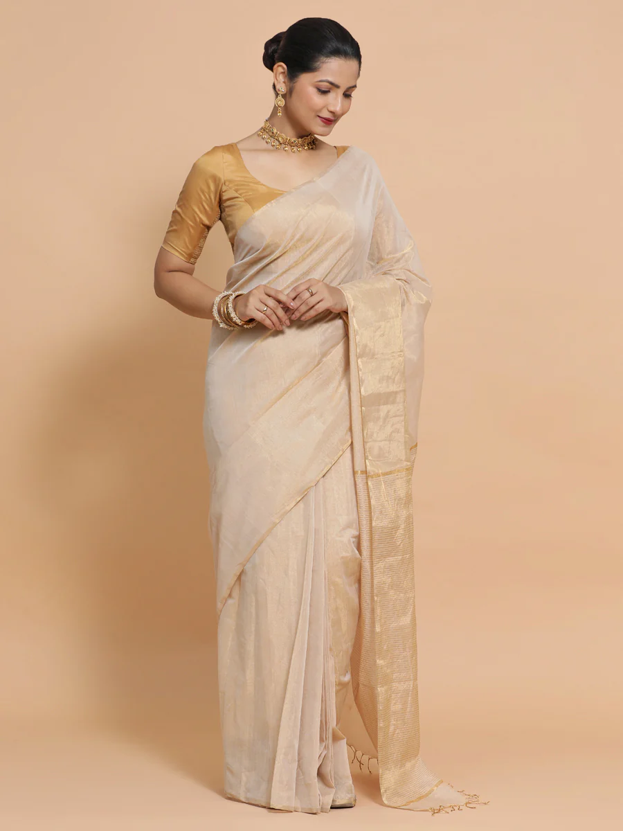Maheshwari Handloom Pure Silk Cotton Beige Tissue Saree - Image 7