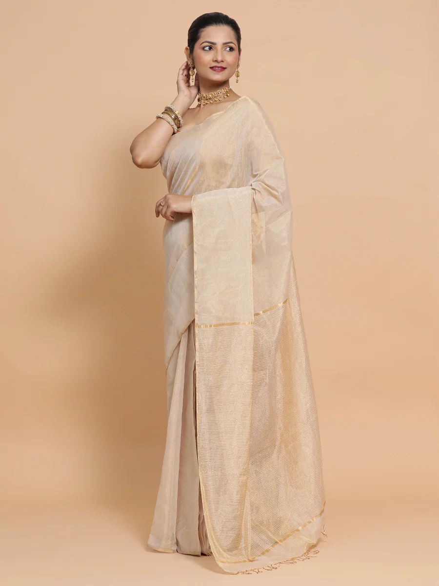 Maheshwari Handloom Pure Silk Cotton Beige Tissue Saree - Image 8