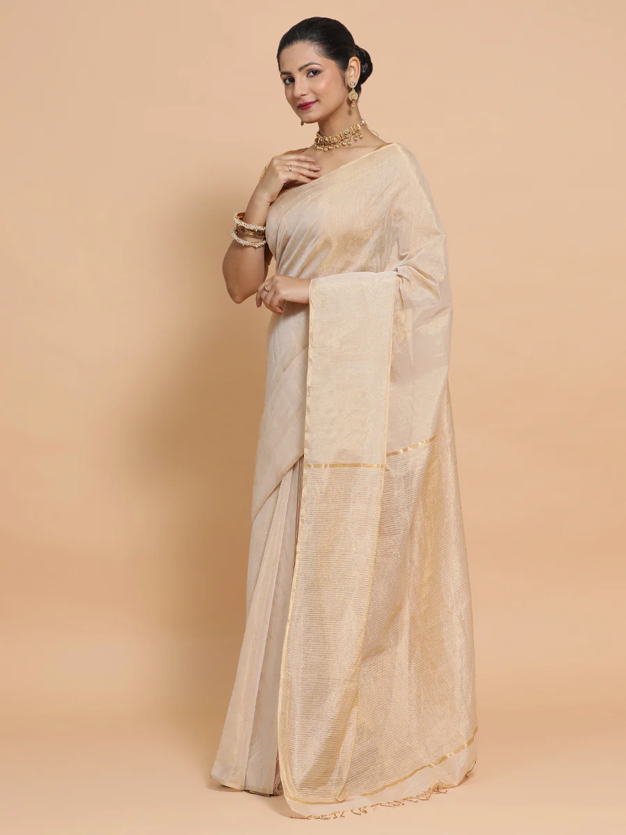 Maheshwari Handloom Pure Silk Cotton Beige Tissue Saree - Image 9