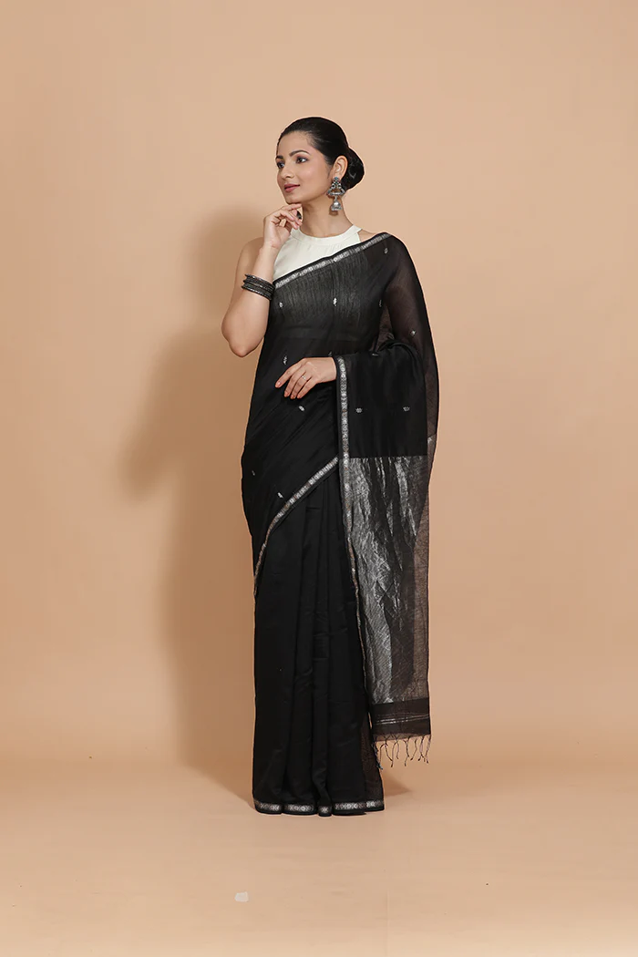 Maheshwari Cotton Silk Black Chameli Butta Saree with Silver Border - Image 10