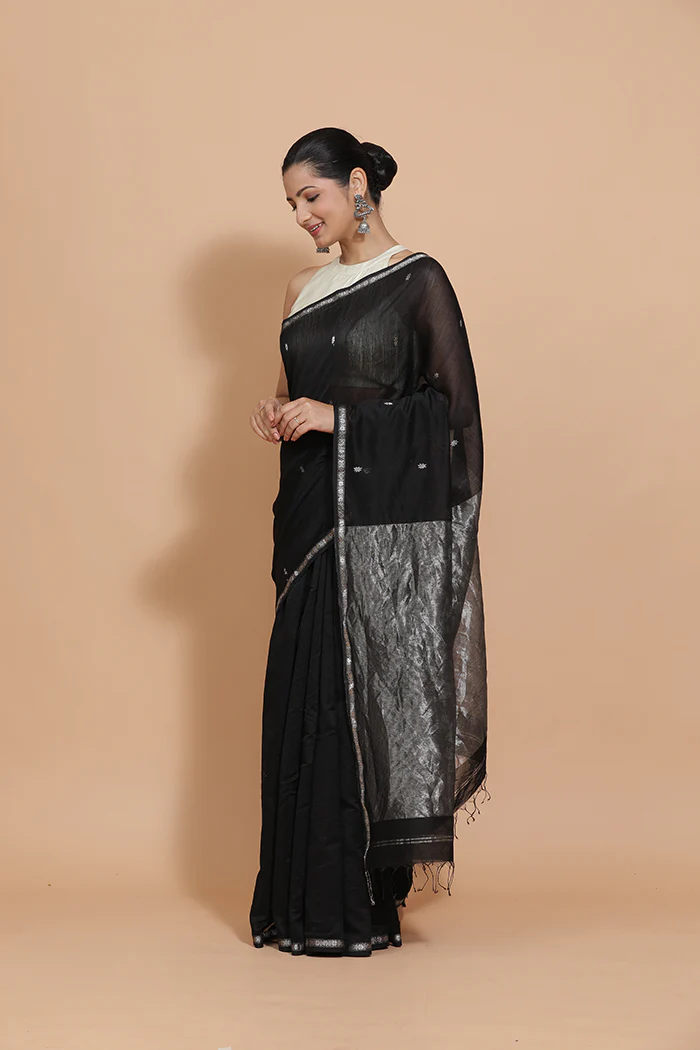 Maheshwari Cotton Silk Black Chameli Butta Saree with Silver Border - Image 13