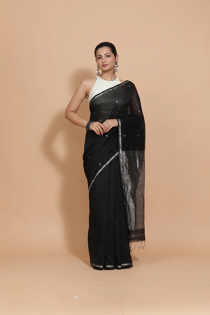 Maheshwari Cotton Silk Black Chameli Butta Saree with Silver Border - Image 9